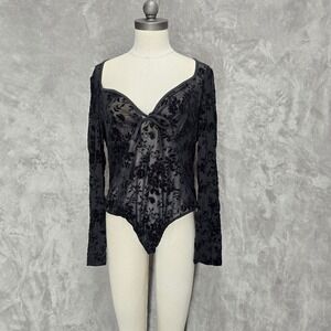 SHEIN BAE Curve Black Floral Velvet Burnout Sheer Bodysuit 2XL Whimsigoth Grunge